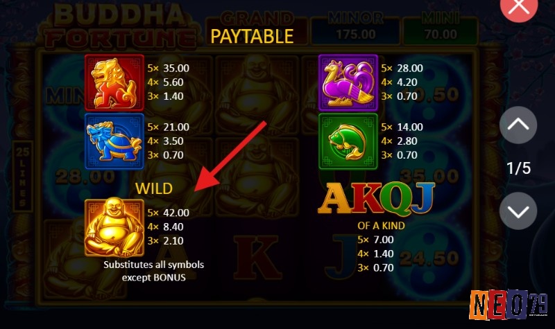 Biểu tượng Wild trong game slot Buddha Fortune là hình ảnh tượng Phật vàng cười rạng rỡ